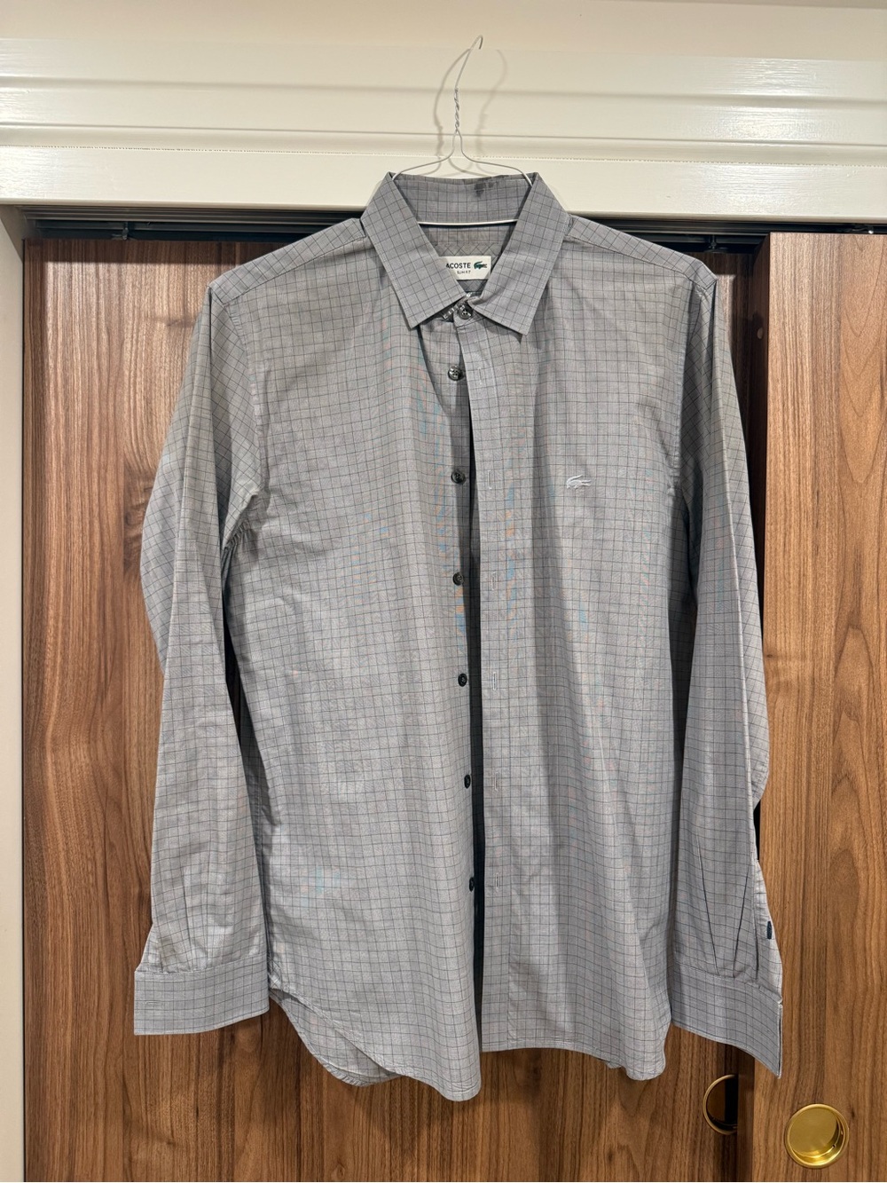 Lacoste Gray Windowpane Long-Sleeve Dress Shirt